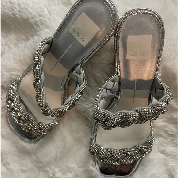 Ronin Rhinestone Braided Block-Heel Sandals Silver Size 9.5 - Picture 3 of 10